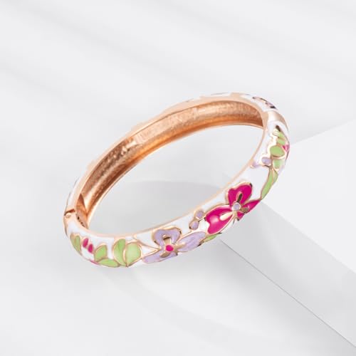 UJOY Classic Cloisonne Bracelets Enamel Jewelry Plated Bamboo Flower Cuff Metal Bangle for Women Gift Box - color: A100-Flower-Pink and White
