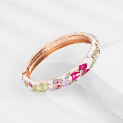 UJOY Classic Cloisonne Bracelets Enamel Jewelry Plated Bamboo Flower Cuff Metal Bangle for Women Gift Box - color: A100-Flower-Pink and White