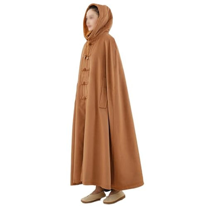 Meditation Buddhist Cloak Winter Double Layer Plush Maxi Hooded Trench Coat Oversize Button Down Prayer Robe - color: Brown, size: Small