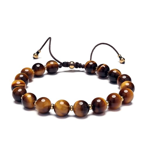Men’s Beaded Bracelet Adjustable, Natural Texture Beads with Stainless Steel Spacers, Braided Cord, Minimal Everyday Bracelet for Men & Women - color: Golden Brown 8mm