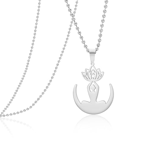 VASSAGO Buddha Lotus Necklace for Women Yoga Healing Pendant Stainless Steel Flower Necklace Buddhist Necklace Unalome Symbol Amulet Religious Jewelry - color: silver 7