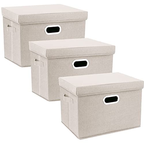 Large Storage Bins with Lids, Collapsible, Washable, Fabric Storage Boxes for Organizing, 17.3x11.8x11.4 inches, 3 Pack, Beige - color: Beige, size: 3-Pack Large
