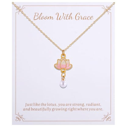 Lotus Flower Necklace for Women, Gold Chain with Lotus Pearl Pendant Meditation Yoga Relaxation Jewelry Gift - style: Pink-Lotus Gold