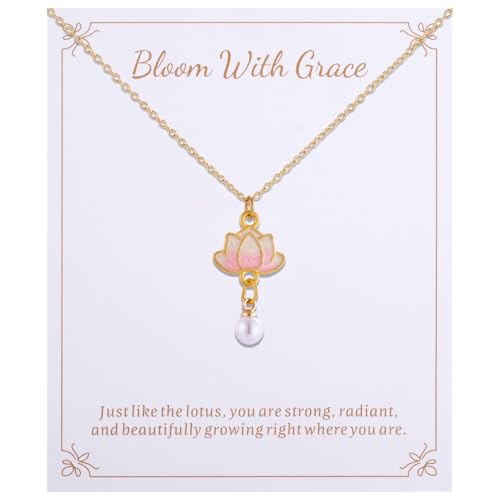 Lotus Flower Necklace for Women, Gold Chain with Lotus Pearl Pendant Meditation Yoga Relaxation Jewelry Gift - style: Pink-Lotus Gold