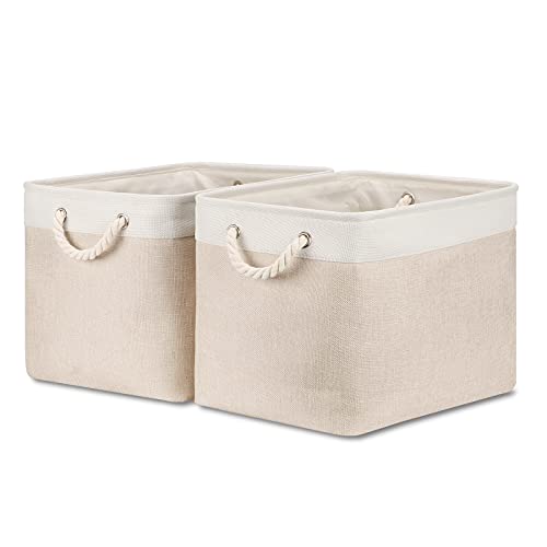 Bidtakay Beige Storage Basket Large Fabric Cloth Baskets [2-Pack] Tall Rectangular Shelf Baskets 16X11.8X11.8 in Canvas Collapsible Storage Bins with Handles for Organizing Living Room(White&Beige) - color: White&Beige, size: 2 Pack-L-16x11.8x11.8 In
