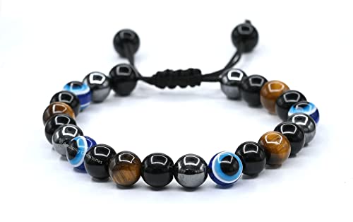 Amazing Gemstone Evil Eye Bracelets for Men Women - Ultimate Protection - Black Obsidian, Tigers Eye and Hematite - Healing Bracelets Gifts for Mom Mothers Day Pulseras Para Hombres Mujer - color: Ultimate Protection