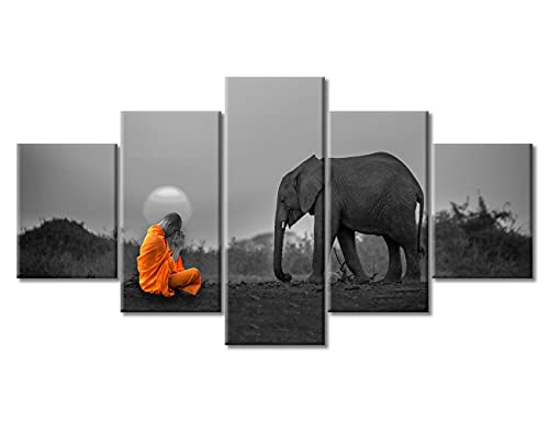 TUMOVO Zen Buddhist Pictures for Bedroom 5 Panel Elephant Canvas Wall Art Meditation Home Decor for Living Room Giclee Framed Gallery-Wrapped Ready to Hang Posters and Prints (60''Wx 32''H) - color: Artwork-03, size: 60''Wx32''H