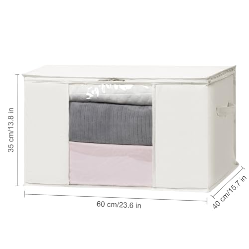 TYEERS Large Storage Bags with Zipper and Clear Window, Cotton Blended Fabric Storage Containers for Seasonal Clothes and Bedding, 23.6x15.7x13.8 Inches, 2-Pack, Beige