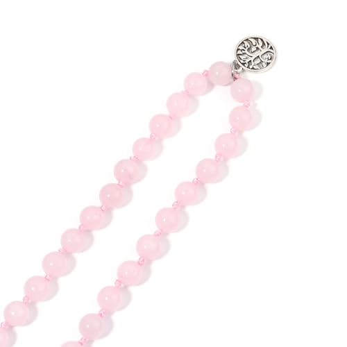 108 Mala Beads Necklace Semi-Precious Gem Stones Meditation Necklace 108 Hand Knotted Japa Mala Beaded Tassel Necklace with Tree of Life Pendant - color: Rose Quartz