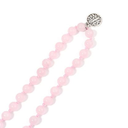108 Mala Beads Necklace Semi-Precious Gem Stones Meditation Necklace 108 Hand Knotted Japa Mala Beaded Tassel Necklace with Tree of Life Pendant - color: Rose Quartz