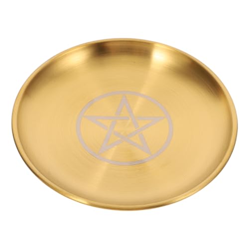 Angoily Bed Side Table Tray, Altar Plate Candle Holder, Ritual Burning Incense Offering Bowl, Decorative Tealight Tray for Witchcraft Wiccan Tarot Supplies A Witch Decor Round Metal Jewelry Tray - color: Golden 1