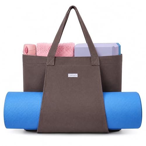 Yoga Mat Bag for Women, 100% Cotton Canvas Tote with Wet/Dry Pocket, Bottle Holder and Inner Zipper Pocket, 25L Carrier for Pilates and Travel - color: Taupe