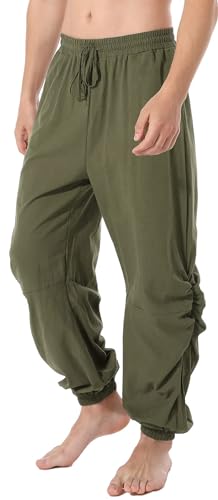 perdontoo Mens Casual Cotton Linen Pant Elastic Waist Drawstring Yoga Jogger Pants - color: Army Green, size: Small