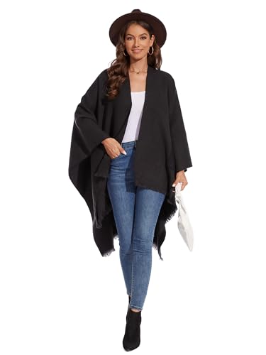 Shawl Wraps for Women, Elegant Knitted Cape Open Front Poncho Scarf Blanket Cardigan Coat for Autumn and Winter - color: Black
