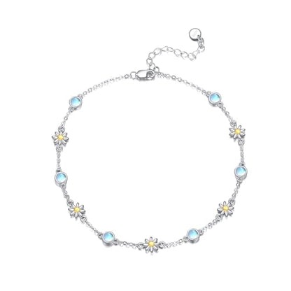 CRMAD 925 Sterling Silver Daisy/Sunflower Moonstone Anklet Daisy Flower Ankle Bracelet for Women Beach Dainty Jewelry - size: 9+2 inch, style: daisy