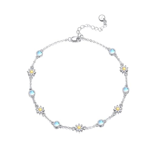 CRMAD 925 Sterling Silver Daisy/Sunflower Moonstone Anklet Daisy Flower Ankle Bracelet for Women Beach Dainty Jewelry - size: 9+2 inch, style: daisy