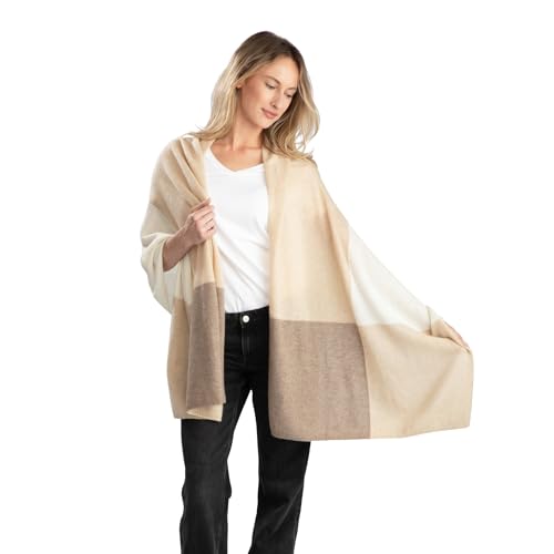 Jet&Bo 100% Pure Cashmere Lightweight Travel Wrap, Shawl & Scarf Beige Colorblock 72" x 28" with Protective Storage Bag + Gift Box