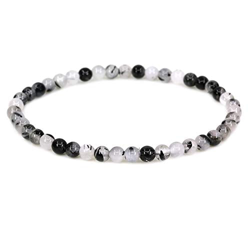 Keleny 4mm Natural Round Beads Gemstones Rock Crystal Stretch Bracelet 7 Inch Unisex - color: Black Rutilated Quartzite