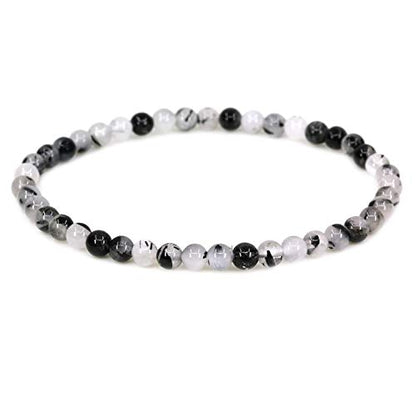 Keleny 4mm Natural Round Beads Gemstones Rock Crystal Stretch Bracelet 7 Inch Unisex - color: Black Rutilated Quartzite