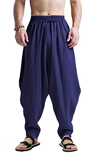 CLANMILUMS Men's Cotton Harem Pants Casual Loose Hippie Drop Crotch Trouser - color: Navy, size: Large