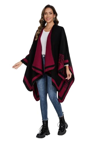 Shawl Wraps for Women, Elegant Knitted Cape Open Front Poncho Scarf Blanket Cardigan Coat for Spring, Autumn, and Winter - color: Black Red
