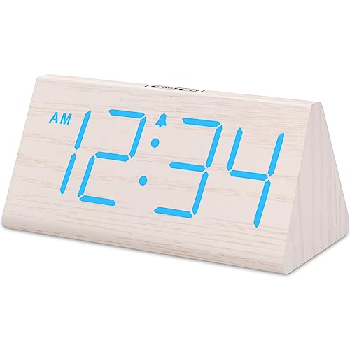 DreamSky Wooden Digital Alarm Clocks for Bedrooms - Electric Desk Clock with Large Numbers, USB Port, Loud Alarm for Heavy Sleepers, Adjustable Volume, Dimmer, Snooze, DST, Wood Décor, Adapter Powered - color: Blue (Plug-in)