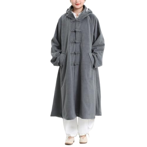 Men Women Meditation Hooded Long Sleeves Coat Double Layer Plush Warm Prayer Robe Button Down Winter Cloak
