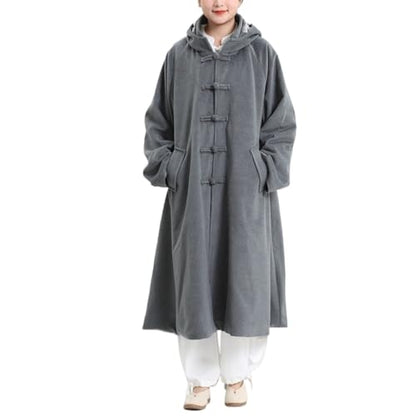 Men Women Meditation Hooded Long Sleeves Coat Double Layer Plush Warm Prayer Robe Button Down Winter Cloak