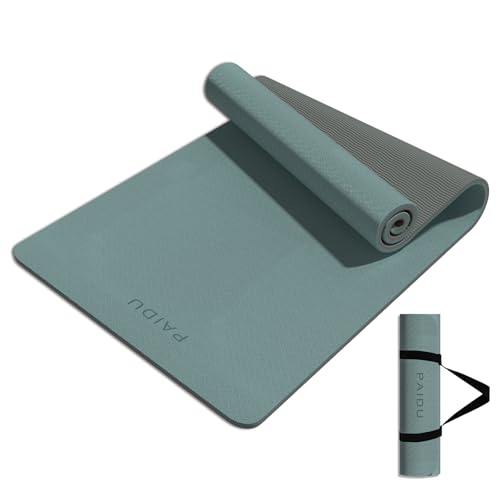 PAIDU Yoga Mat 8mm Super Thick TPE Fitness Mat | SGS Certified | Non-Slip, Odorless & Tear-Resistant | Unisex with Strap | for Yoga, Pilates, Meditation & Home Workouts - color: Deepgreen&Gray