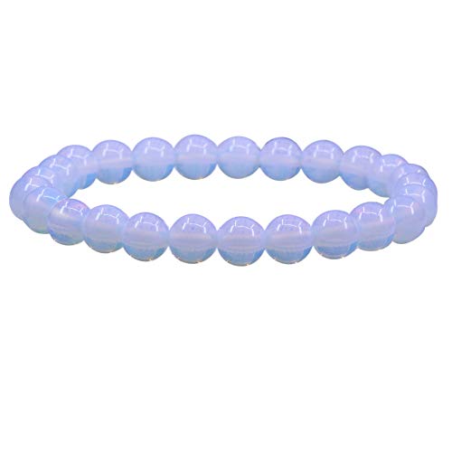 Keleny Gem Semi Precious Gemstones 8mm Natural Quartzite Stone Round Beads Crystal Stretch Bracelet 7 Inch Unisex - color: Synthetic White Opalite Glass