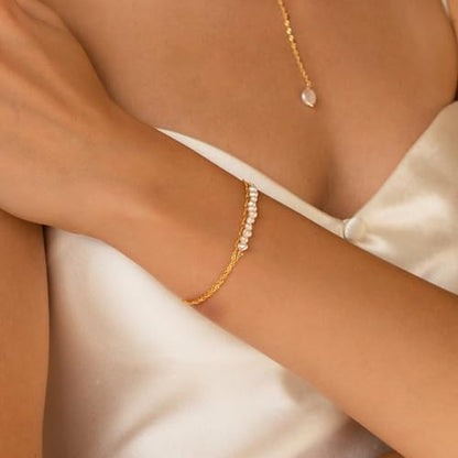 SLOONG Gold Pearl Bracelets for Women Trendy, 14K Gold Plated Dainty Stackable Layered Chain Bridesmaid Bracelets, Waterproof Wedding Jewelry for Women Adjustable 6"+2" - color: Style2(Pearl)
