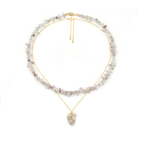2Pcs Crystal Necklace for Women Handmade Choker Necklaces Pendant Necklace Natural Stone Gemstone Beaded Necklace 18k Gold Plated Adjustable Dainty Necklace for Women - color: Labradorite