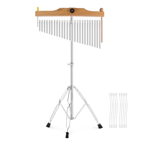 EASTROCK 25 Note Chimes Musical Instruments Percussion Instrument Single-row Chime Bar Chimes Percussion Height-Adjustable Stand Silver - color: 25note Silver