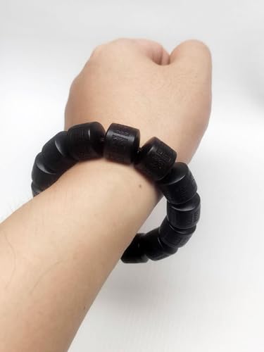 Wooden Beads Bracelet Lightning Struck Jujube Wood Black Bead Engraved with Sanskrit Words Mala Prayer Feng Shui Lucky for Women Men (Black, 16mm)