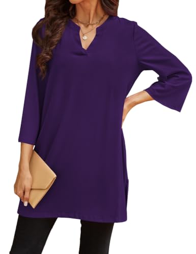 Poetsky Womens Tunic Tops 3/4 Bell Sleeve Loose Fit Tunics Dressy Casual Side Split Flare Top for Leggings S-3XL - color: Dark Purple, size: Medium