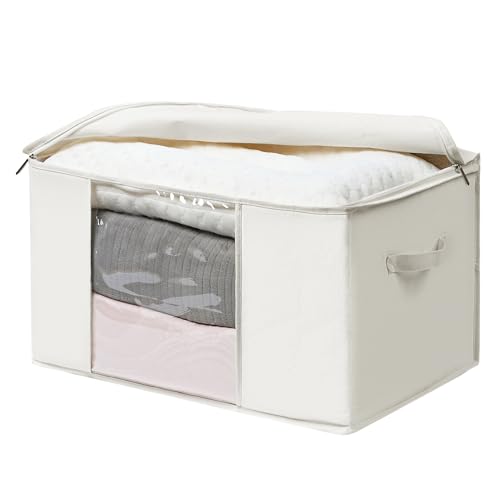 TYEERS Large Storage Bags with Zipper and Clear Window, Cotton Blended Fabric Storage Containers for Seasonal Clothes and Bedding, 23.6x15.7x13.8 Inches, 2-Pack, Beige