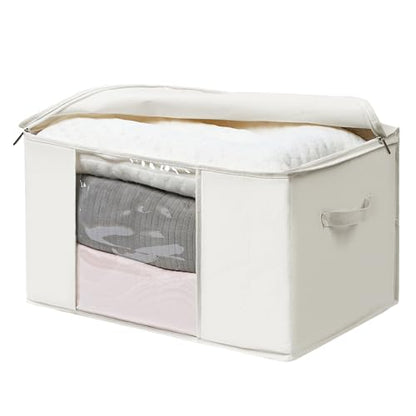 TYEERS Large Storage Bags with Zipper and Clear Window, Cotton Blended Fabric Storage Containers for Seasonal Clothes and Bedding, 23.6x15.7x13.8 Inches, 2-Pack, Beige