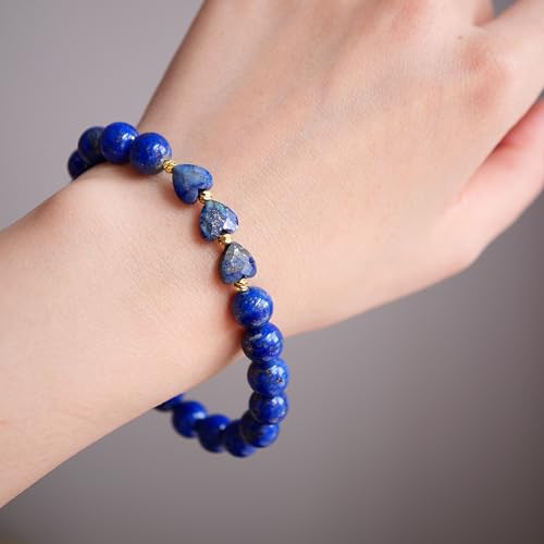 Lapis Lazuli Healing Bracelet – Real Crystal Beads for Stress Relief, Meditation & Chakra Balance – Natural Gemstone Jewelry Gift for Women & Men, Adjustable Stretch Fit - style: heart with gift boxes