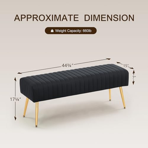 Furnimart 44 Inch Bedroom Ottoman Bench, Black Upholstered End of Bed Bench with Gold Legs for Living Room Bedroom Dinning Room Entryway, Black - color: Black