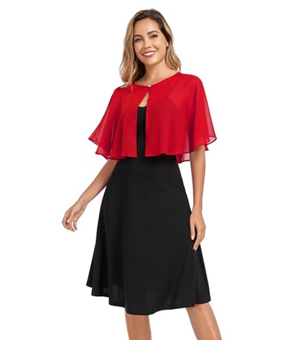 TONGFANTFL Women's Soft Chiffon Capelets Shawls and Wraps for Evening Wedding Cape Bole Cover Up - color: Red