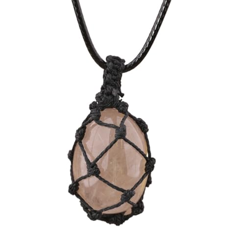 Crystal Tumbled Stone Pendant Necklace for Women Knotted Net Bag Leather Necklace Yoga Meditation Jewelry Gifts - color: Gold Rutilated