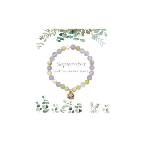 Birth Flower Crystal Bracelets for Women, Handmade Natural Gemstone Stretch Jewelry with Healing & Positive Energy - color: Sept. Aster & Amethyst