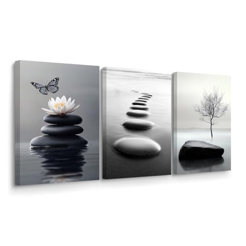 BJYCHG Black and White Zen Wall Art 3 Pieces Stones in Water Picture Canvas Print for Bathroom Spa Stone Painting Yoga Meditation Room Decor Framed (Black, 20x28inchx3 Pieces) - color: Black, size: 20x28inchx3 Pieces