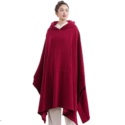 Women Men Meditation Buddhist Hooded Cloak Thickened Warm Loose Coat - color: Wine Red, size: Medium