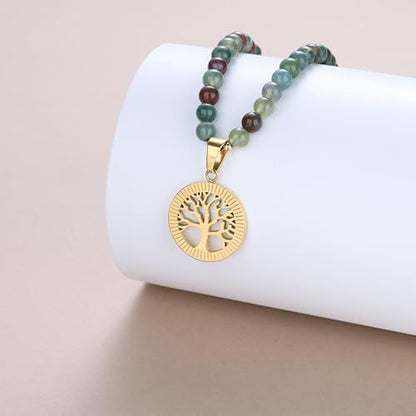 COAI Tree of Life Necklace 108 Mala Beads, Women's Men's Beaded Necklace, Japa Mala for Yoga Meditation 6mm - style: Indian Agate