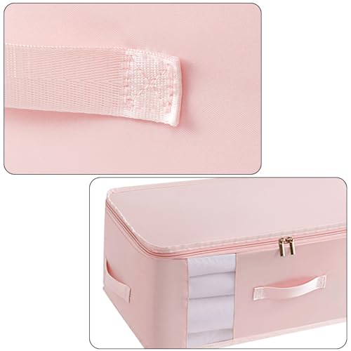 3 Pack Large Canvas Storage Bags, Zipper Closet Organizers Thick Handles Clear Window, Foldable Cotton Linen Containers for Clothes Sweater/Bedding（Bean Pink） - color: Bean Pink