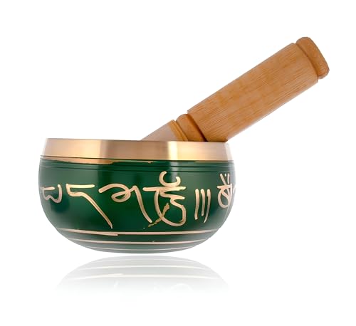 INDACORIFY Singing Bowl Reiki Buddhist Prayer Instrument with Wooden Stick Healing Dhyana Musical Instrument for For Yoga Meditation Bowl With Mallet Spiritual (Green) - color: Green