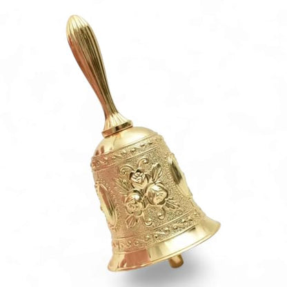 Spiritual Ritual Hand Bell for Cleansing and Prayer – Gold, Silver, and Floral Brass Variants – Ideal for Santeria, Wicca, and Meditation Ceremonies (Floral Engraved Gold Bell)