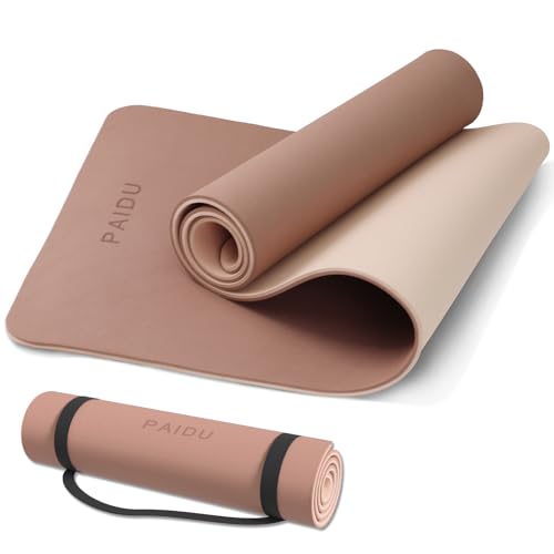 PAIDU Yoga Mat Non Slip Anti-tear,extra thick-2/5 inch（10MM）High Resiliency Professional POE Yoga Mats for Women Men Kids,72"x24"inch,Workout, Yoga, Pilates and Floor Exercise, with Carrier Strap - color: Brown+Apricot