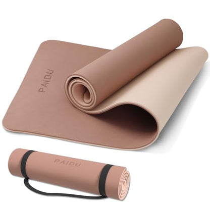 PAIDU Yoga Mat Non Slip Anti-tear,extra thick-2/5 inch（10MM）High Resiliency Professional POE Yoga Mats for Women Men Kids,72"x24"inch,Workout, Yoga, Pilates and Floor Exercise, with Carrier Strap - color: Brown+Apricot